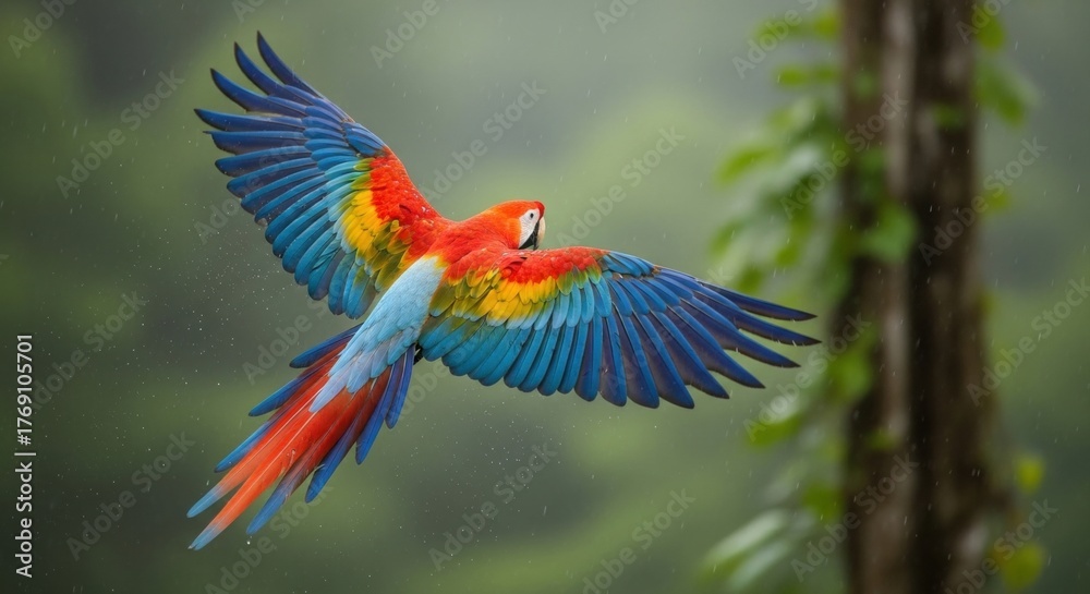 Fototapeta premium Scarlet Macaw in Flight: Vibrant Plumage Against Lush Greenery, Raindrops in the Air