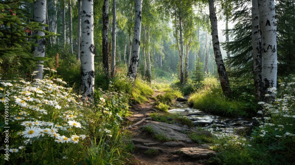 Fototapeta premium Sunlight streams through tall trees casting soft light on wildflowers and a winding path near a stream.