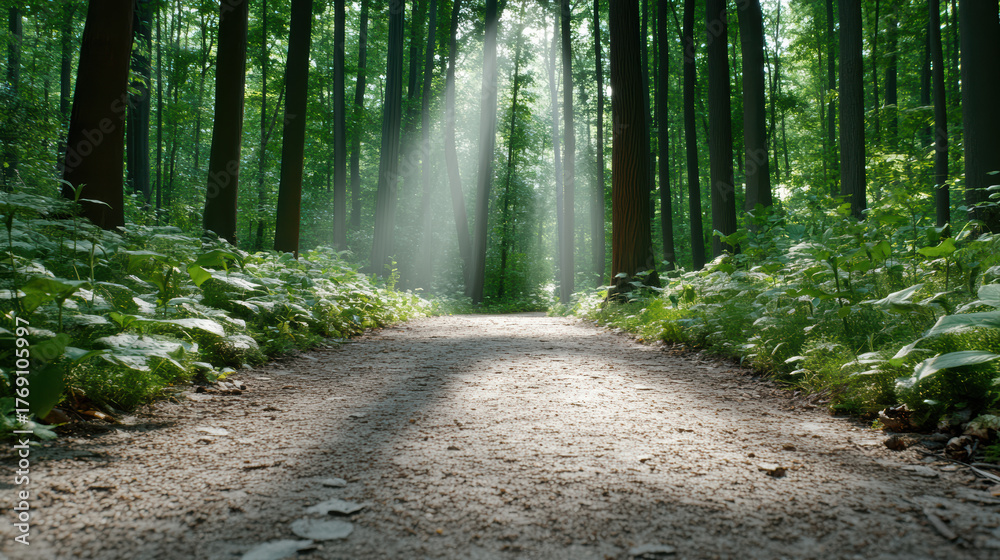 Fototapeta premium Serene forest path illuminated by soft sunlight filtering through tall trees creates tranquil