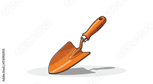 Cartoon illustration of an orange hand trowel with a wooden handle on a white background.