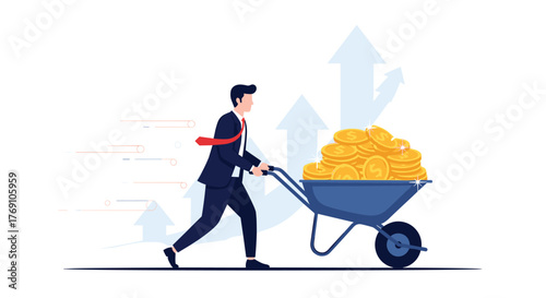 Businessman pushing a wheelbarrow full of gold coins with upward arrows symbolizing growth and success.