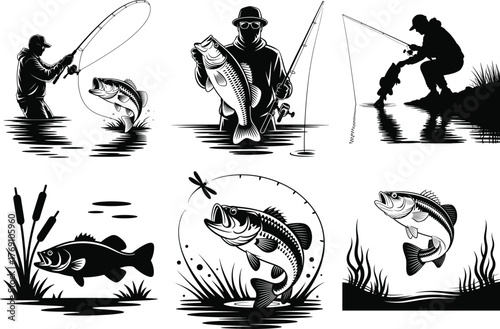 Fishing Bass Silhouette Clipart Bundle