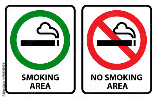 No smoking and smoking area signs set. Smoking and smoking prohibited zone.
