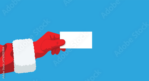 Santa's gloved hand holds out a blank white card against a bright blue background.