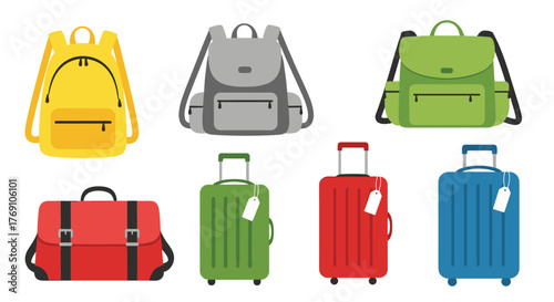 Collection of colorful backpacks and rolling suitcases, ideal for travel and adventure stock imagery.