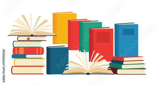 A colorful collection of open and closed books are stacked and arranged on a white background.