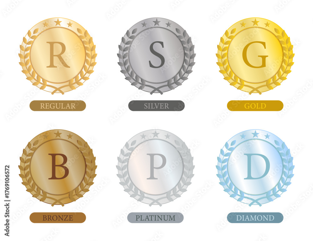 Fototapeta premium 金・銀・銅・プラチナ・ダイヤモンド・レギュラーの6種類ランクバッジセット｜会員ランクや特典ステージ表示に使える高級感あるメダルアイコンコレクション