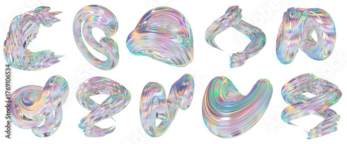 3D Metallic chrome swirl shapes set, iridescent abstract twist holographic form clipart. Futuristic design isolated illustration