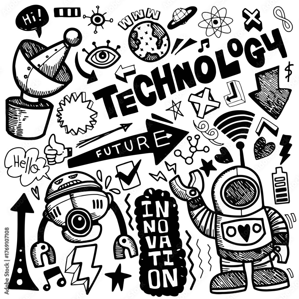 Fototapeta premium Dynamic hand-drawn doodle art collection representing modern technology, future concepts, digital innovation, and creative scientific elements in a whimsical black and white style