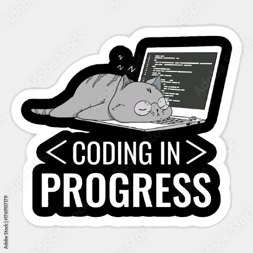 Cat Napping on Laptop with Coding in Progress Text Graphic