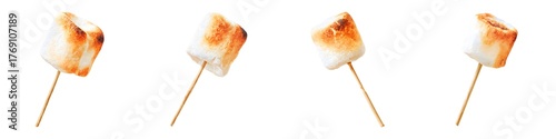 Watercolor toasted marshmallows on sticks, set on transparent background