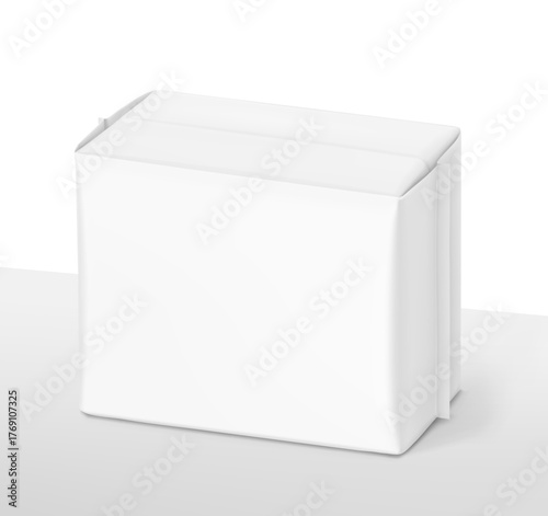 Packaging bag mockup. Front view. Vector illustration isolated on white and grey background. Ready for your design. Suite for the presentation of pads, pantyliners, wipes, etc. EPS10.