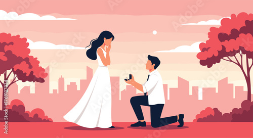 Man proposes to woman on one knee with a ring in a city park setting.