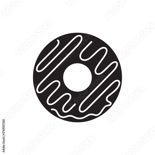 Black donut with white icing drizzle graphic icon doughnut