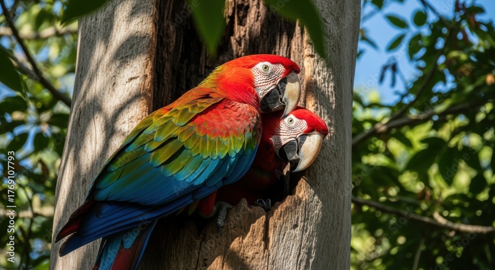 Obraz premium Scarlet Macaw Pair Nestled in Tree Hollow, Vibrant Plumage, Natural Habitat