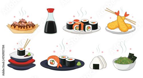 Collection of delicious Japanese food items and dishes arranged on a white background.