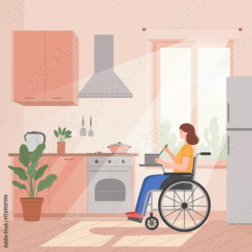 Minimalist 2D flat vector showing a woman in a wheelchair cooking in a sunny, accessible pastel kitchen. Inclusive design, focusing on positive, independent home life.
