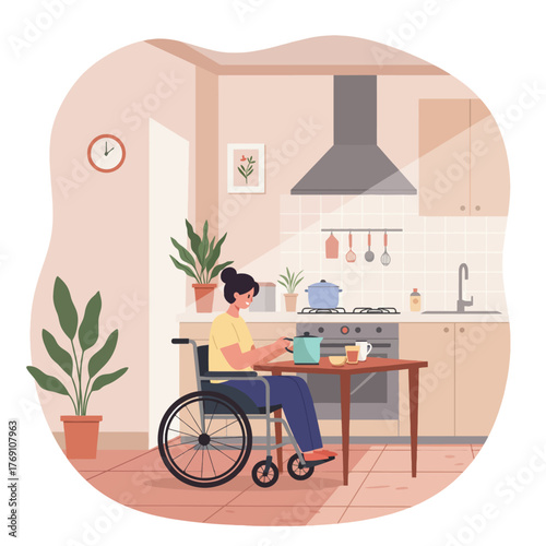 Minimal 2D vector, pastel illustration: A woman in a wheelchair prepares food in her sun-drenched, modern, accessible home kitchen.