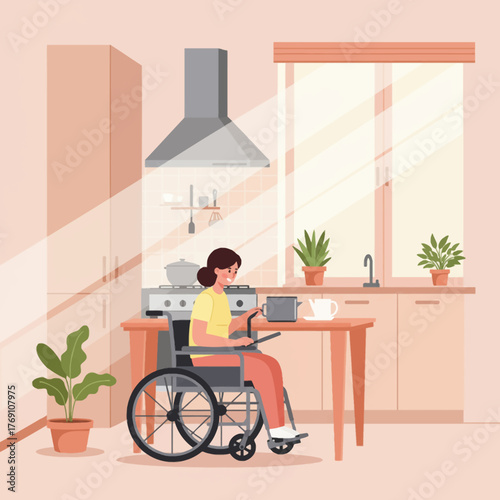 Minimalist 2D vector illustration: woman in a wheelchair cooking happily in an accessible modern kitchen, soft pastel colors, positive home life.
