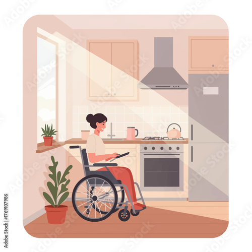 Minimal 2D flat vector illustration: A woman in a wheelchair cooking in a sunny, accessible pastel kitchen, depicting positive disability life.
