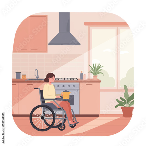 Pastel vector illustration: woman in a wheelchair cooking in a sunlit, accessible kitchen. Everyday disability lifestyle and inclusive design.
