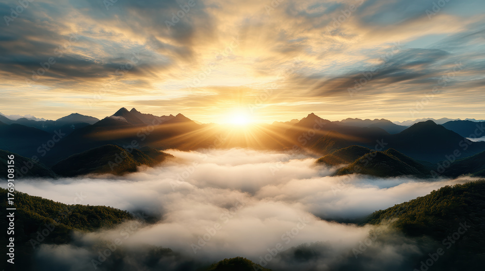 Obraz premium Majestic mountain sunrise over fog layer creates cinematic atmosphere