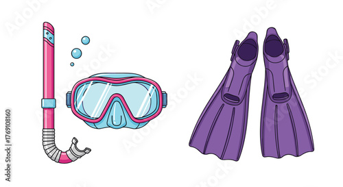 Pink snorkel and mask with blue bubbles next to purple fins on a white background.