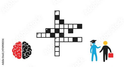 Brain icon, crossword puzzle and two figures in graduation caps meeting with a briefcase.