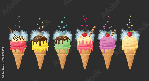 A vibrant collection of six colorful ice cream cones with dripping toppings and decorative elements.