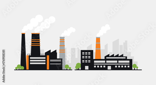 Illustration of industrial factories with smokestacks emitting white smoke against a light gray background.