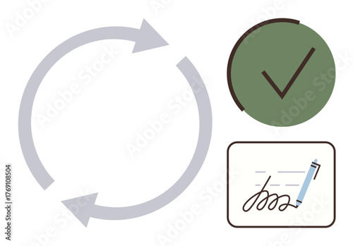 Circular arrows signify process flow green checkmark for task approval, signed document for agreement. Ideal for process management, approval cycle, business operations, task completion, workflow