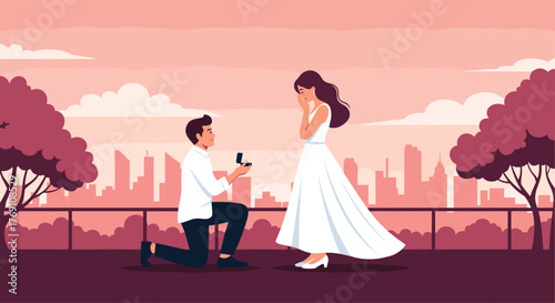 Man proposes to woman with ring on knee on a balcony with city view at sunset.