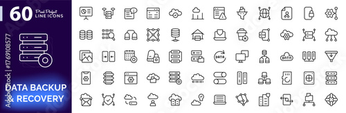 Data Backup and Recovery line icon set. Cloud storage, database, server, file restore, synchronization, protection, data transfer, security, network, vector outline icons. Editable stroke