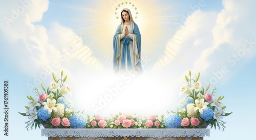 Immaculate Conception Feast gradient from pearl white to light azure, rays of divine light shining from Madonna figure