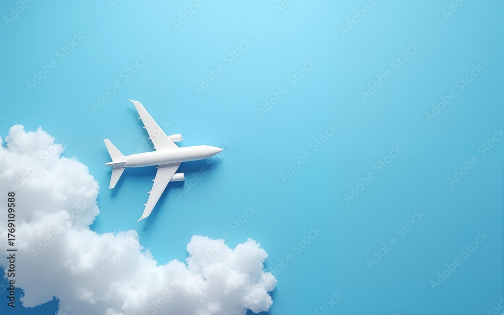 Fototapeta premium airplane flying over blue sky with clouds top view with copy space for your text. flat lay. High quality