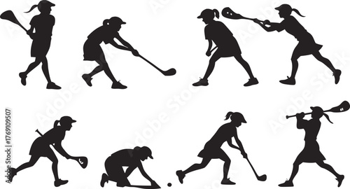 Dynamic lacrosse player silhouettes showcase athleticism and teamwork, ideal for sports branding and promotional designs. Vector graphic for sports.