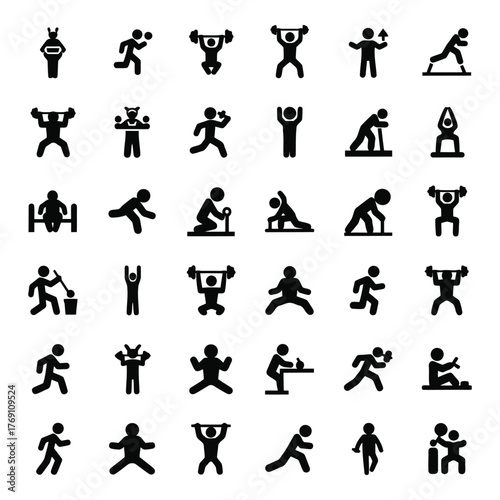 Diverse stick figure activity icons showcasing sport and daily routines