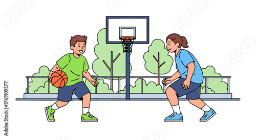 Energetic illustration of two children playing basketball on an outdoor court, dribbling and defending during a lively game, promoting active youth sports
