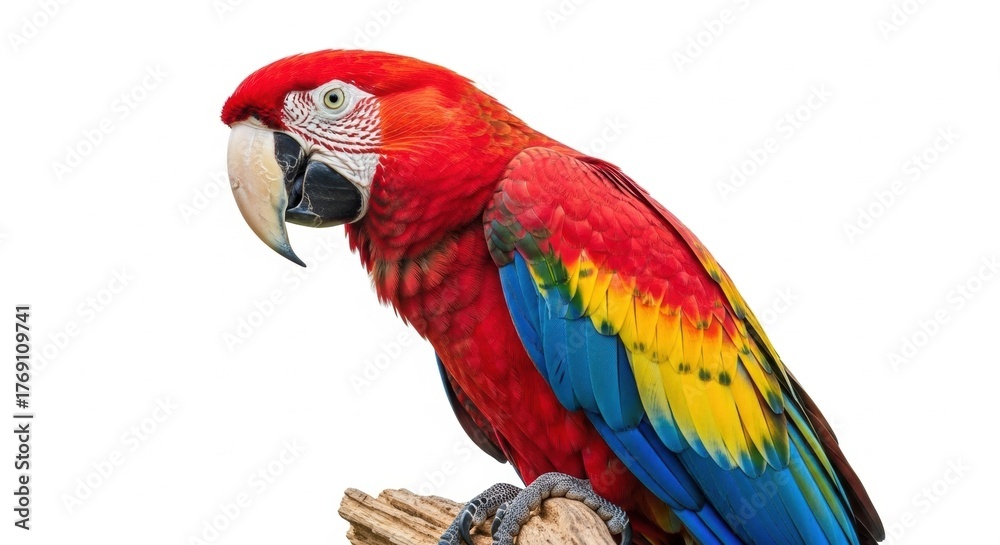 Fototapeta premium Scarlet Macaw Portrait: Vibrant Plumage on Branch, Isolated on White Background