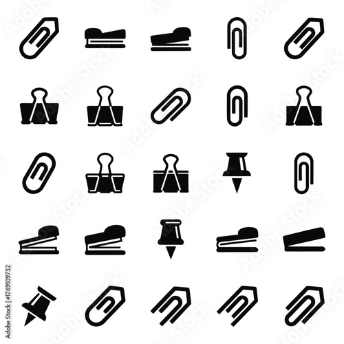 Office Stationery Icon Set with Paper Clips, Binder Clips, Staplers and Push Pins, Black Flat Vector Symbols Isolated on White Background