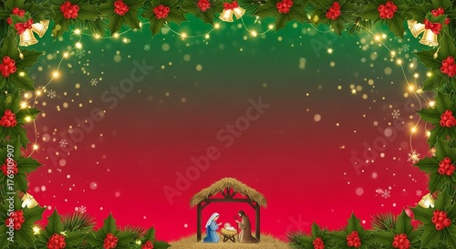 Christmas gradient from pine green to crimson red, twinkling fairy lights, holly and bells framing nativity scene