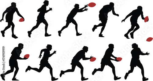 Dynamic Australian Rules Football Action Sequence Silhouette: Capture the Energy of Sport, Perfect for Team Graphics and Athletic Designs
