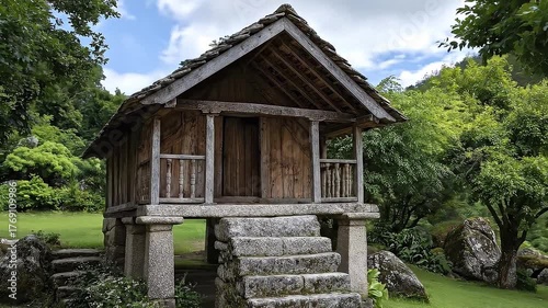 A wooden granary on stone pillars with steps surrounded by green trees and grass under a cloudy sky