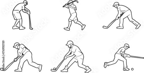 Dynamic collection of minimalist line art figures playing hockey, capturing action poses in a clean, modern style ideal for sporty designs