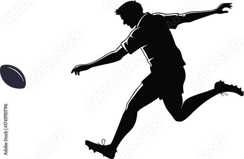 Dynamic rugby player kicking the ball with power and precision, embodying strength, agility, and athletic excellence, ready for game winning plays