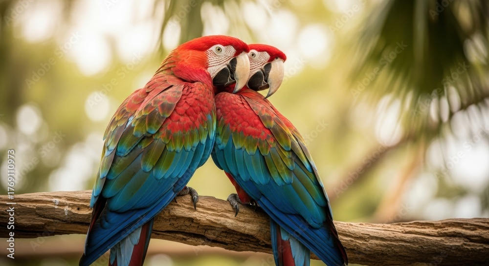 Obraz premium Scarlet Macaws in Affectionate Embrace on Branch, Vibrant Plumage, Tropical Setting