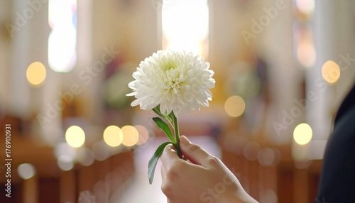 Funeral ceremony concept. close-up hand with white flower with respect in church for farewell service, mourning death or grief. 