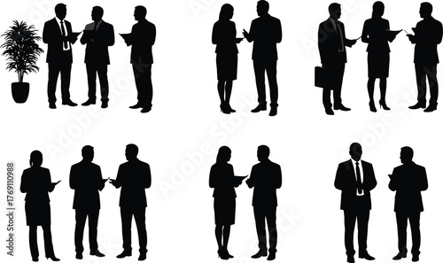 Business people silhouettes, office professionals in conversation, teamwork collaboration, workplace communication, corporate discussion, flat vector