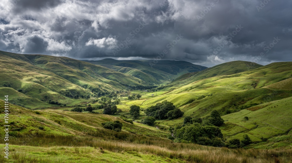 Fototapeta premium Rolling green hills stretch under a cloudy sky creating a breathtaking natural landscape scene.