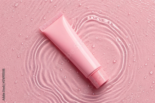 Pink Cream or Gel Tube Mockup on Water Ripple Background